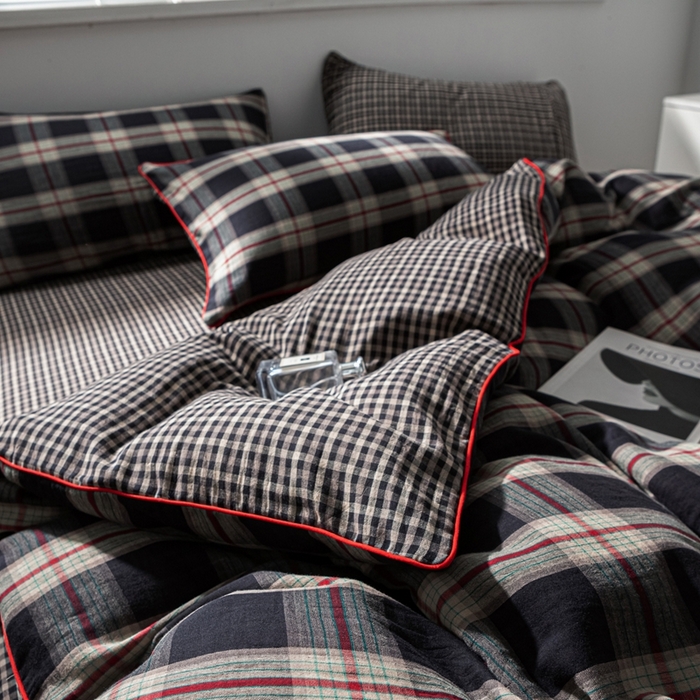 91家纺网 家纺一手货源 找家纺 双层纱家居 2025新款全棉纯棉色织双层纱四件套 墨染珠华