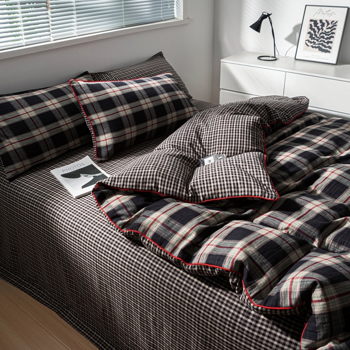 91家纺网 家纺一手货源 找家纺 双层纱家居 2025新款全棉纯棉色织双层纱四件套 墨染珠华