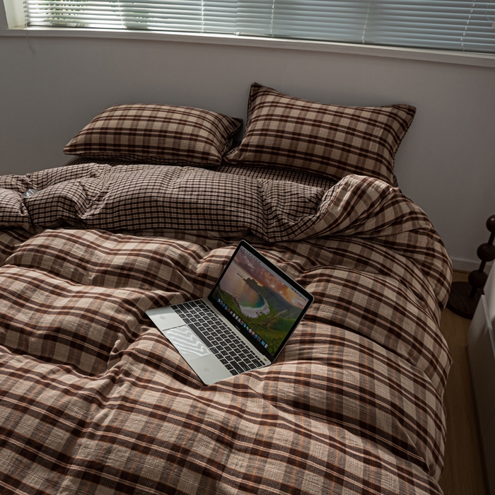 91家纺网 家纺一手货源 找家纺 双层纱家居 2025新款全棉纯棉色织双层纱四件套 焦糖玛奇朵