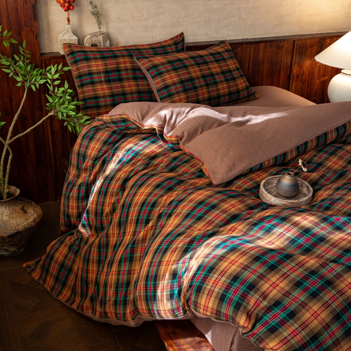 91家纺网 家纺一手货源 找家纺 双层纱家居 2025新款全棉纯棉色织双层纱四件套 圣诞印象