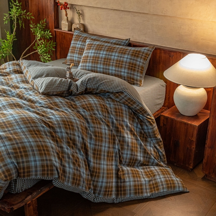 91家纺网 家纺一手货源 找家纺 双层纱家居 2025新款全棉纯棉色织双层纱四件套 雾蓝古屿（AA版）