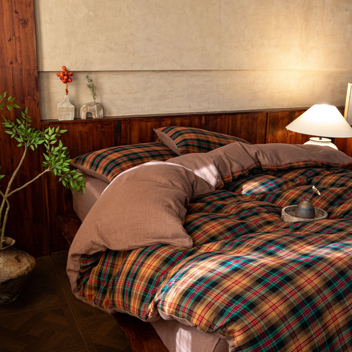 91家纺网 家纺一手货源 找家纺 双层纱家居 2025新款全棉纯棉色织双层纱四件套 圣诞印象