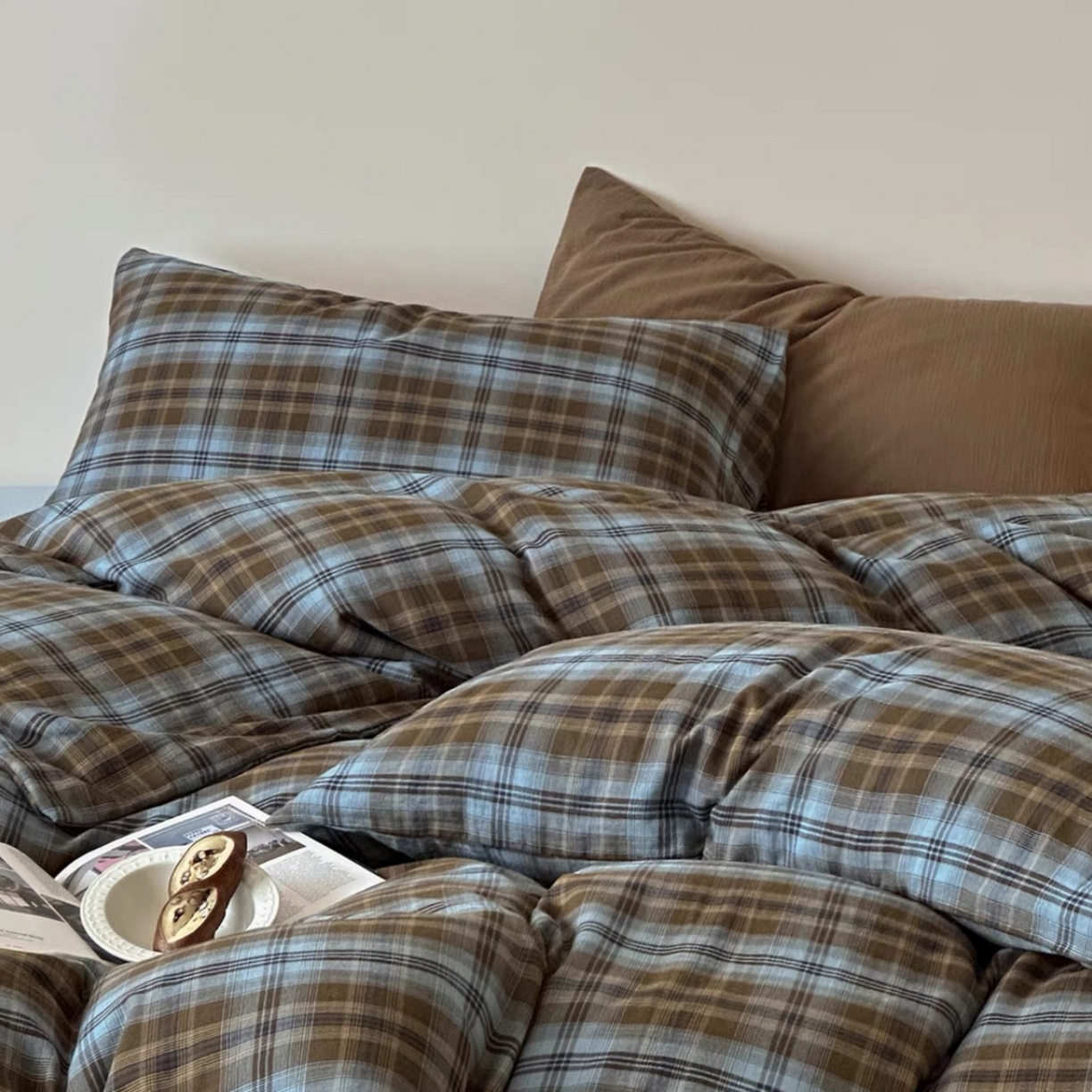 91家纺网 家纺一手货源 找家纺 双层纱家居 2025新款全棉纯棉色织双层纱四件套 雾蓝古屿（AB版）