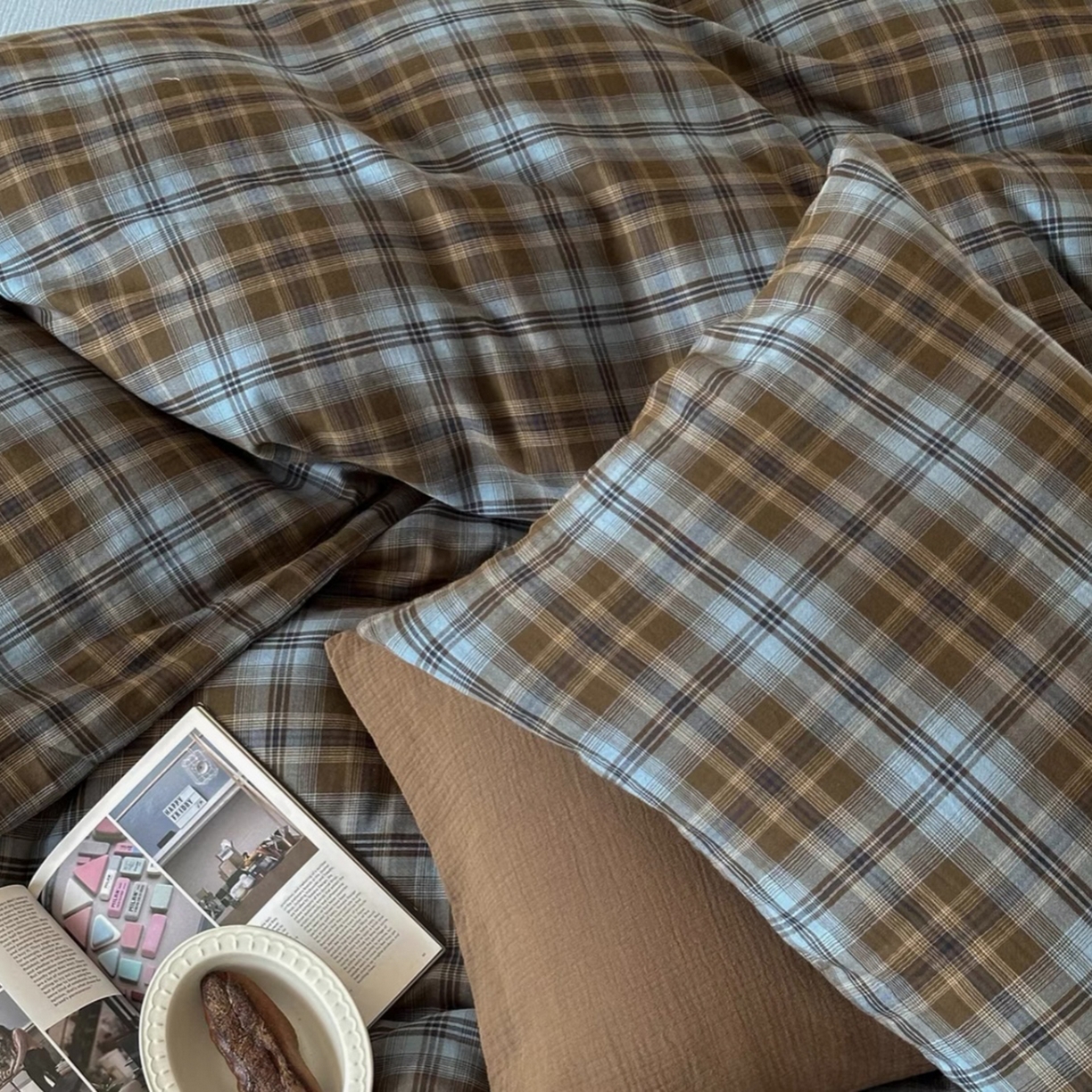 91家纺网 家纺一手货源 找家纺 双层纱家居 2025新款全棉纯棉色织双层纱四件套 雾蓝古屿（AB版）