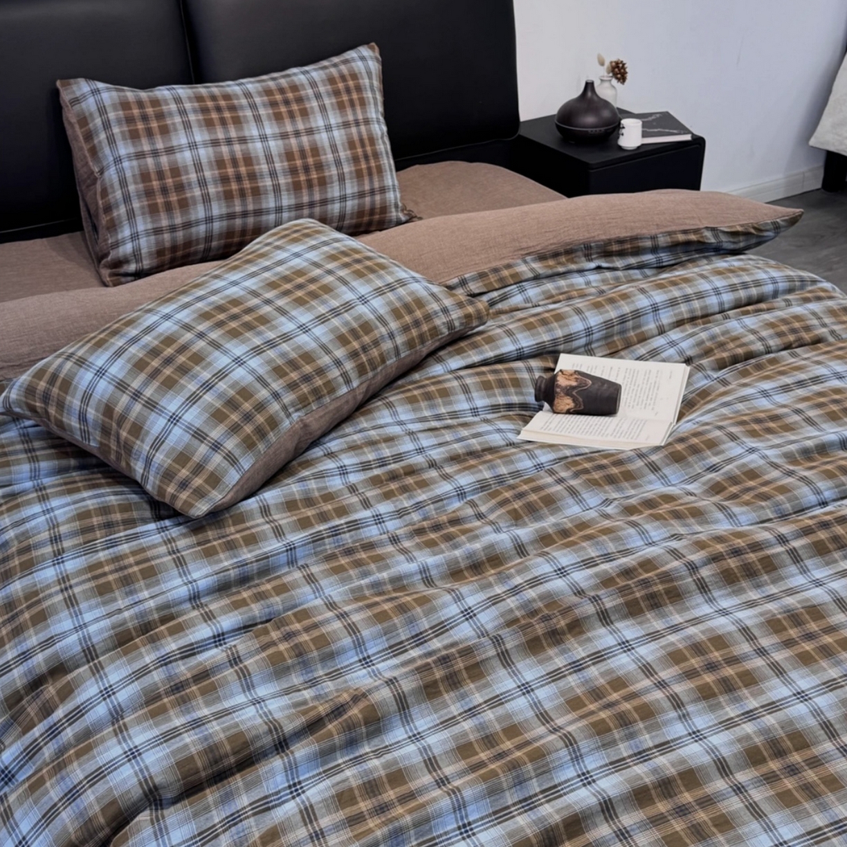 91家纺网 家纺一手货源 找家纺 双层纱家居 2025新款全棉纯棉色织双层纱四件套 雾蓝古屿（AB版）