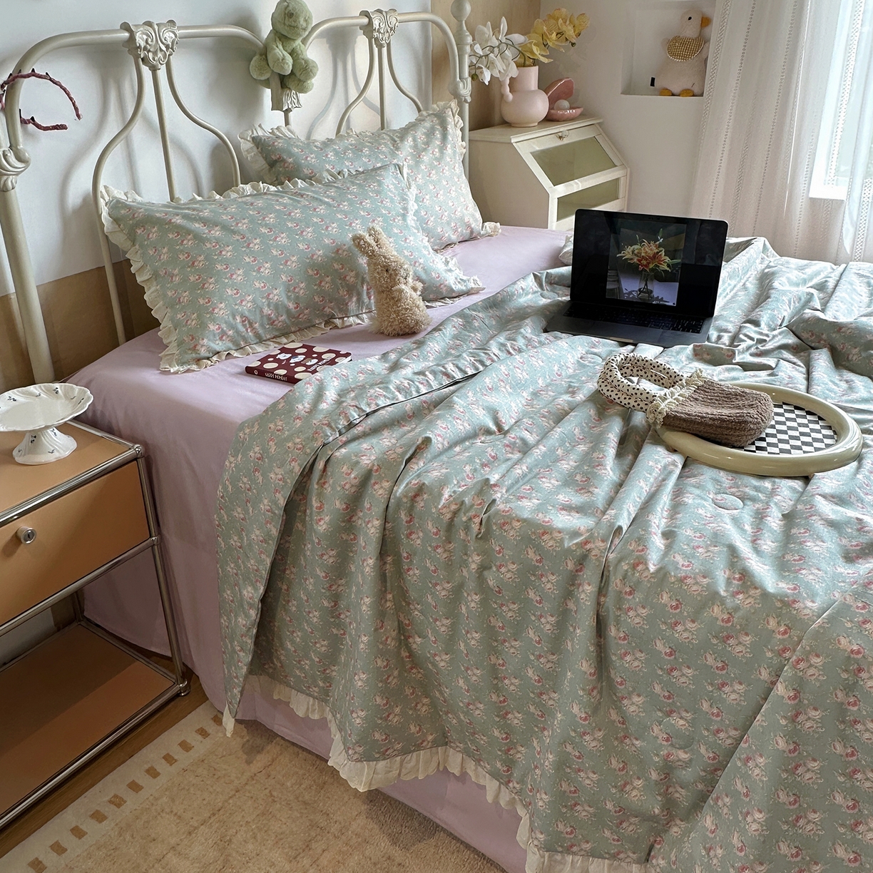 绫韵家纺 2026新品夏季韩式浪漫小花边空调被夏被薄被子套件系列 黛蕊幽梦