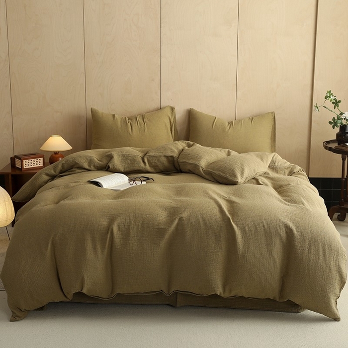 91家纺网 家纺一手货源 找家纺 双层纱家居 2025新款千鸟格全棉纯棉色织双层纱四件套 弥山绿