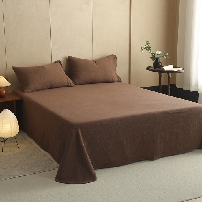 91家纺网 家纺一手货源 找家纺 双层纱家居 2025新款千鸟格全棉纯棉色织双层纱四件套 弥山-咖色