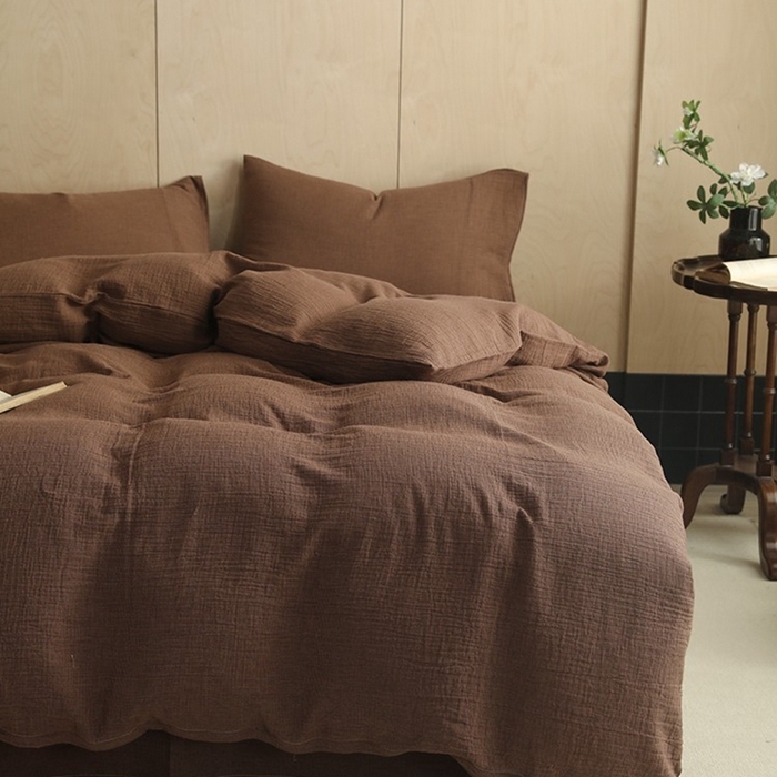 91家纺网 家纺一手货源 找家纺 双层纱家居 2025新款千鸟格全棉纯棉色织双层纱四件套 弥山-咖色