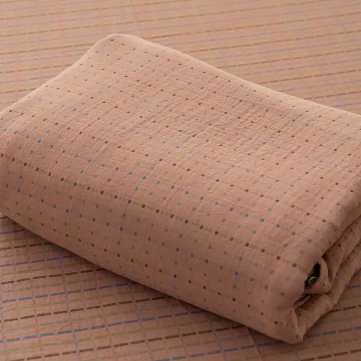 双层纱家居 2025新款全棉纯棉色织提花双层纱四件套 彩虹格-粉