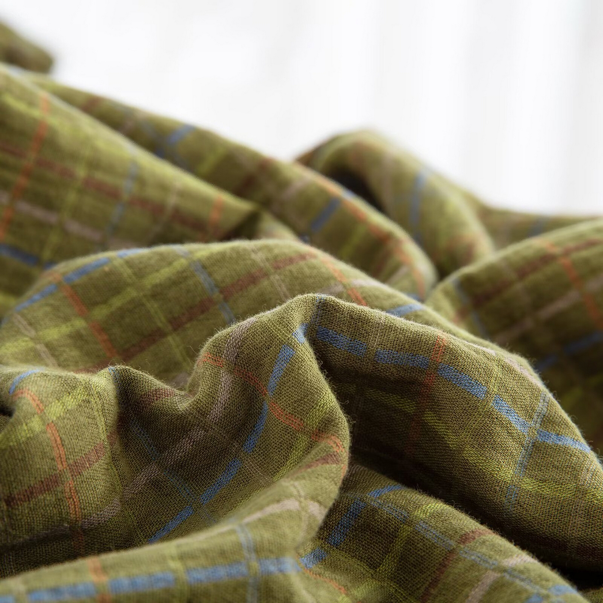 91家纺网 家纺一手货源 找家纺 双层纱家居 2025新款全棉纯棉色织提花双层纱四件套 彩虹格-绿纽扣款