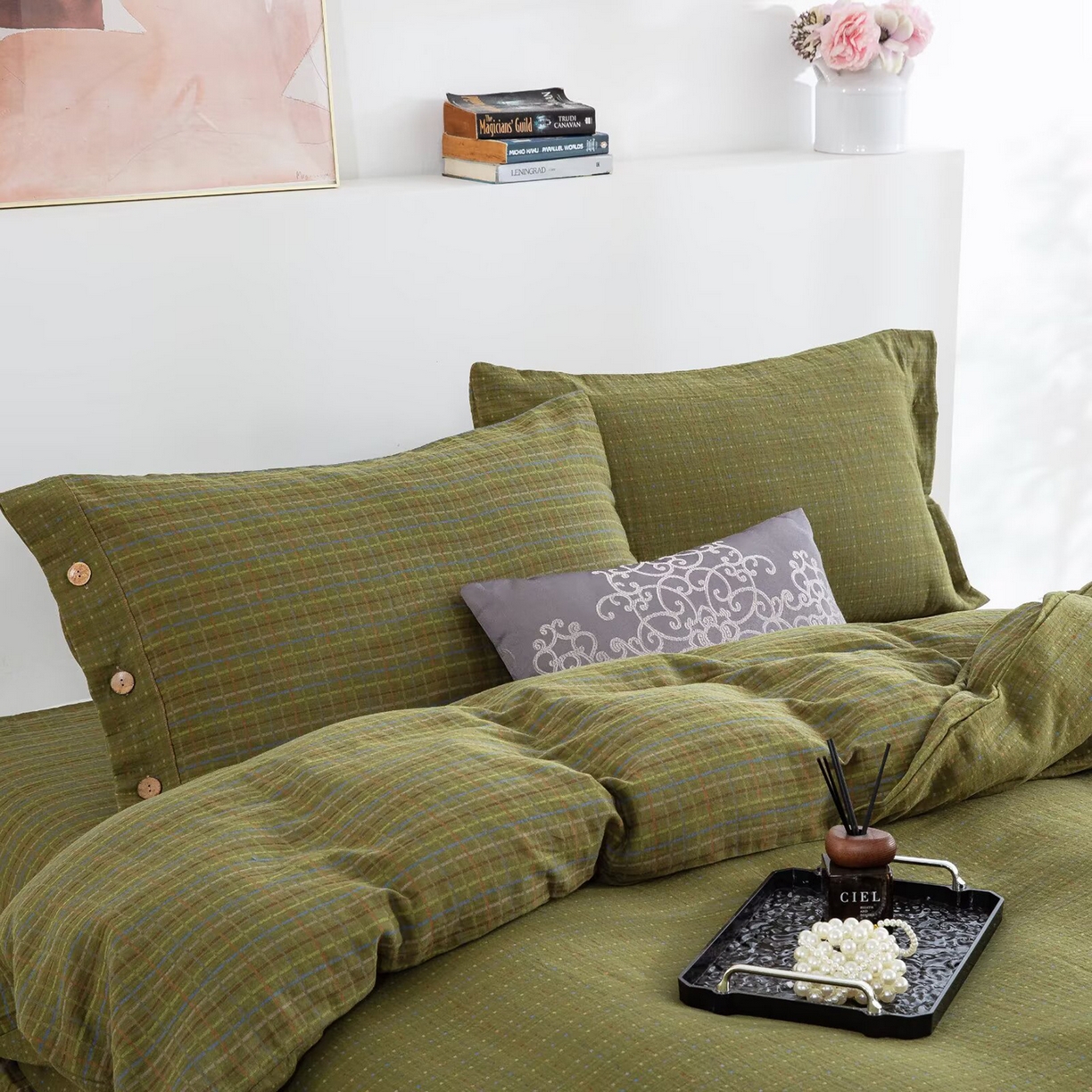 91家纺网 家纺一手货源 找家纺 双层纱家居 2025新款全棉纯棉色织提花双层纱四件套 彩虹格-绿纽扣款