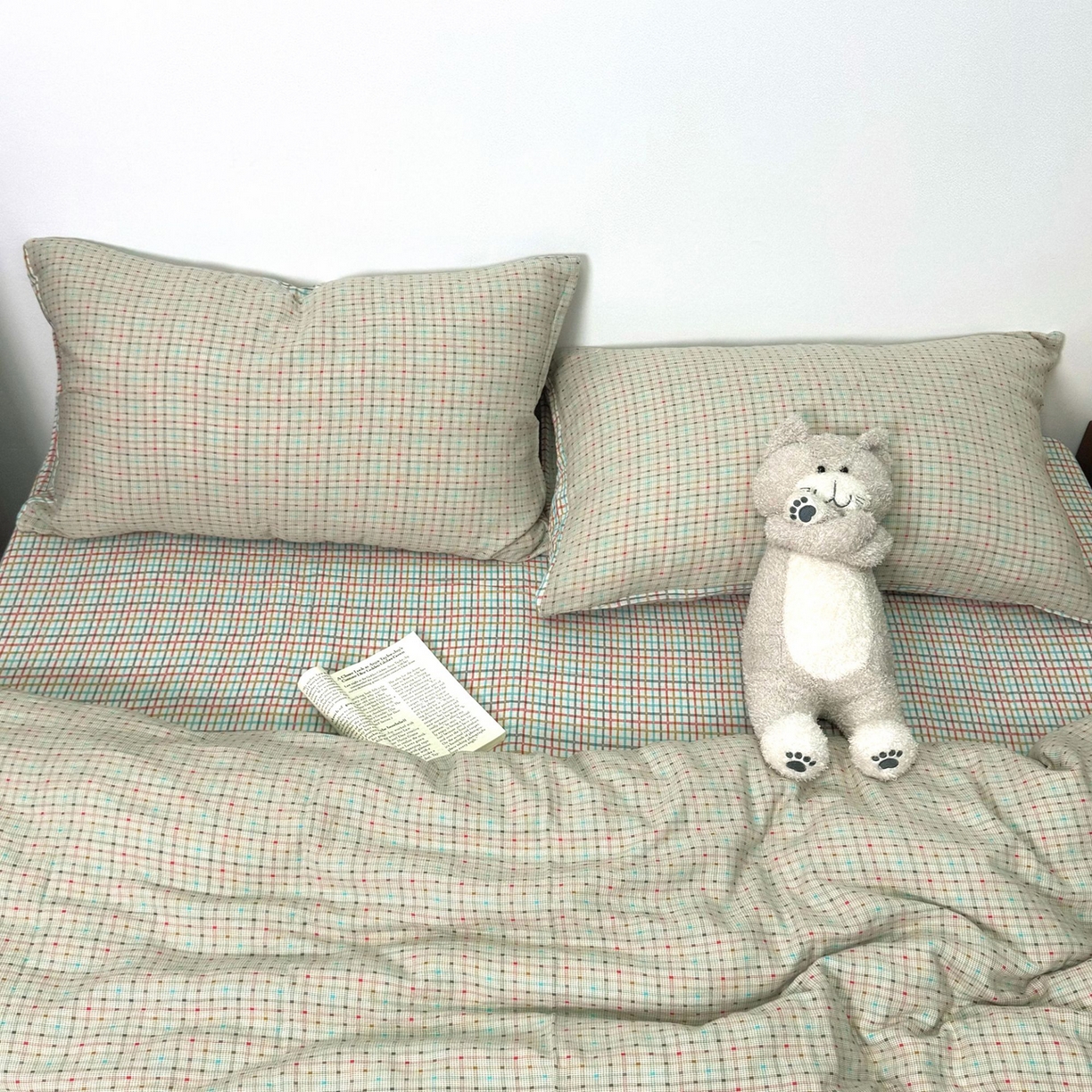 双层纱家居 2025新款全棉纯棉色织提花双层纱四件套 彩虹格-米白