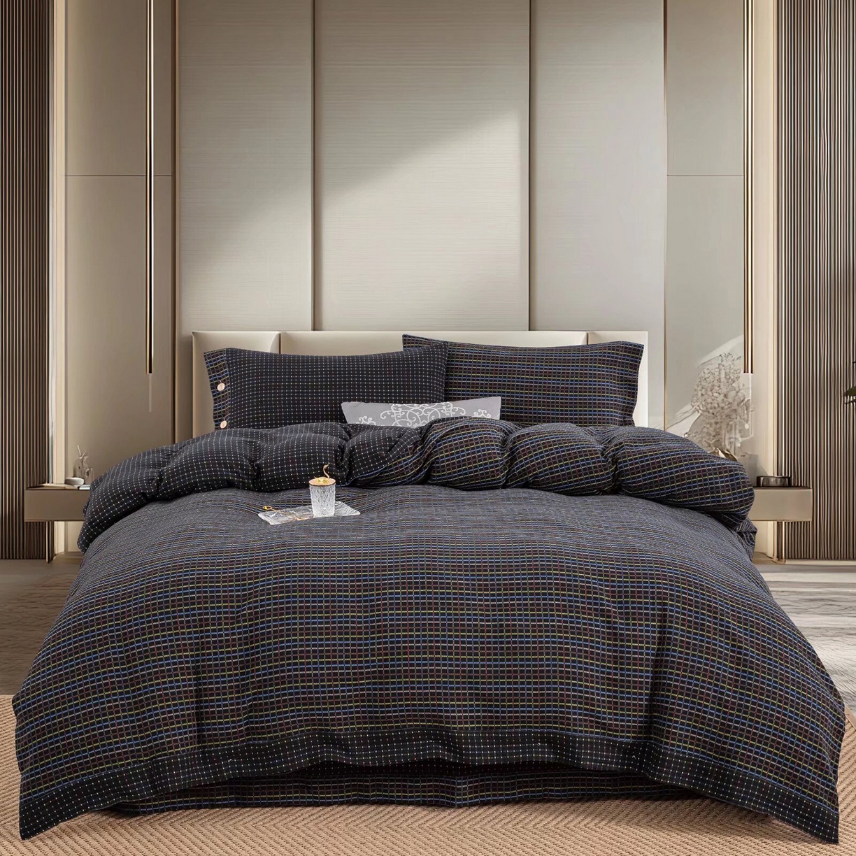 91家纺网 家纺一手货源 找家纺 双层纱家居 2025新款全棉纯棉色织提花双层纱四件套 彩虹格-黑纽扣款