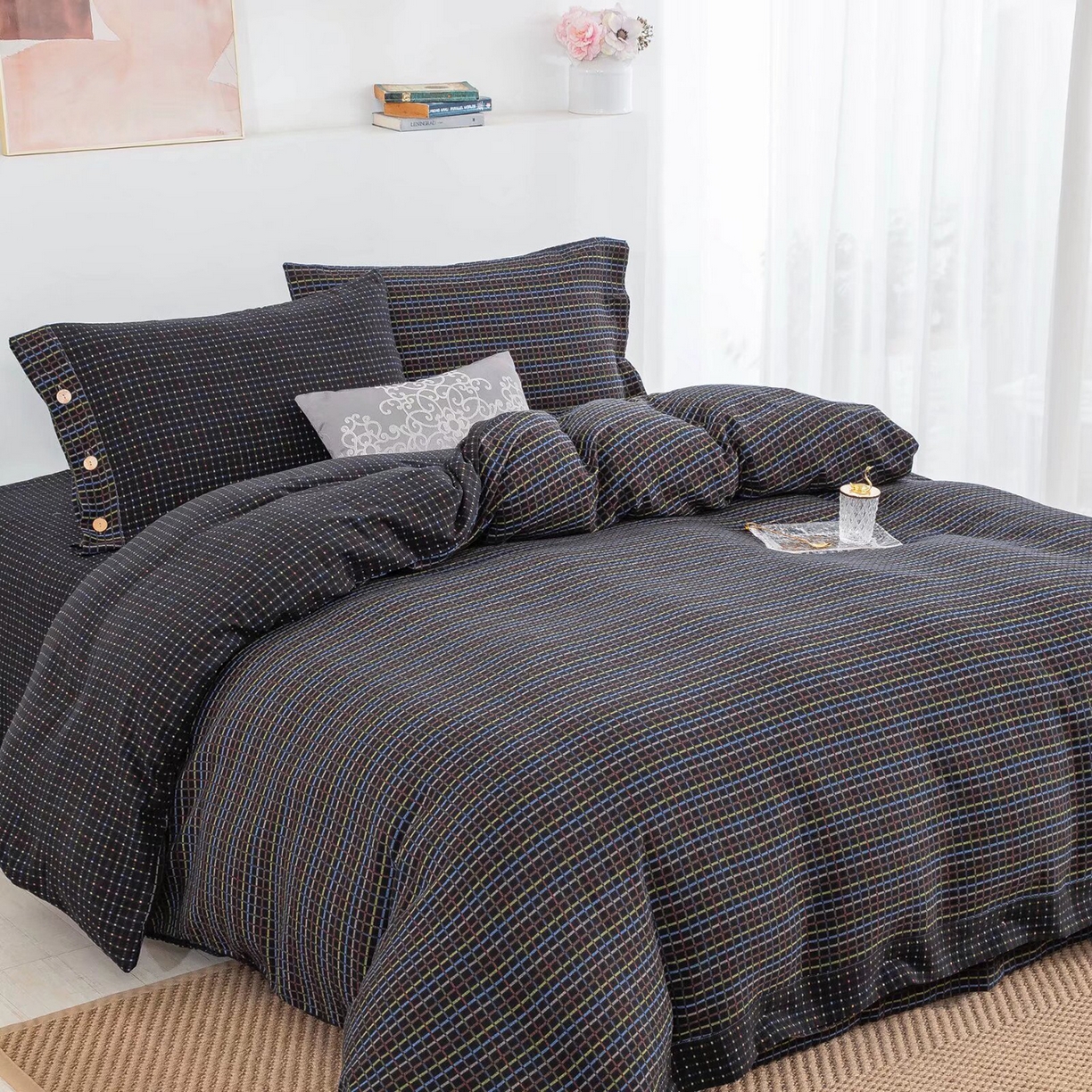 91家纺网 家纺一手货源 找家纺 双层纱家居 2025新款全棉纯棉色织提花双层纱四件套 彩虹格-黑纽扣款