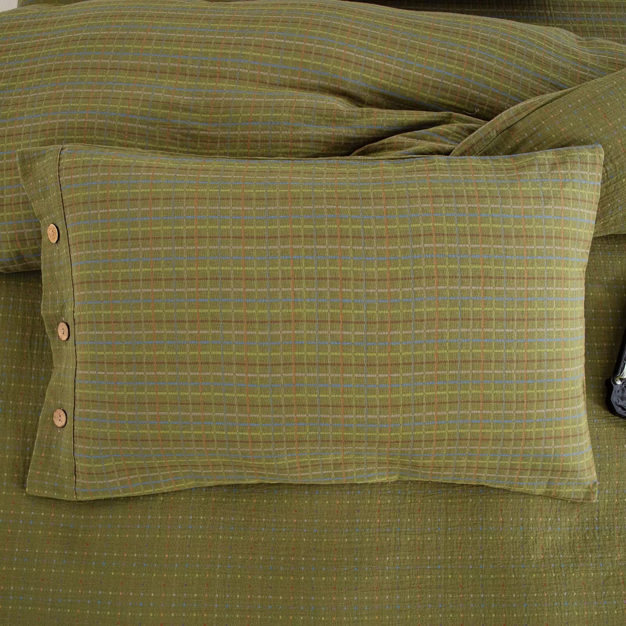 91家纺网 家纺一手货源 找家纺 双层纱家居 2025新款全棉纯棉色织提花双层纱四件套 彩虹格-绿纽扣款