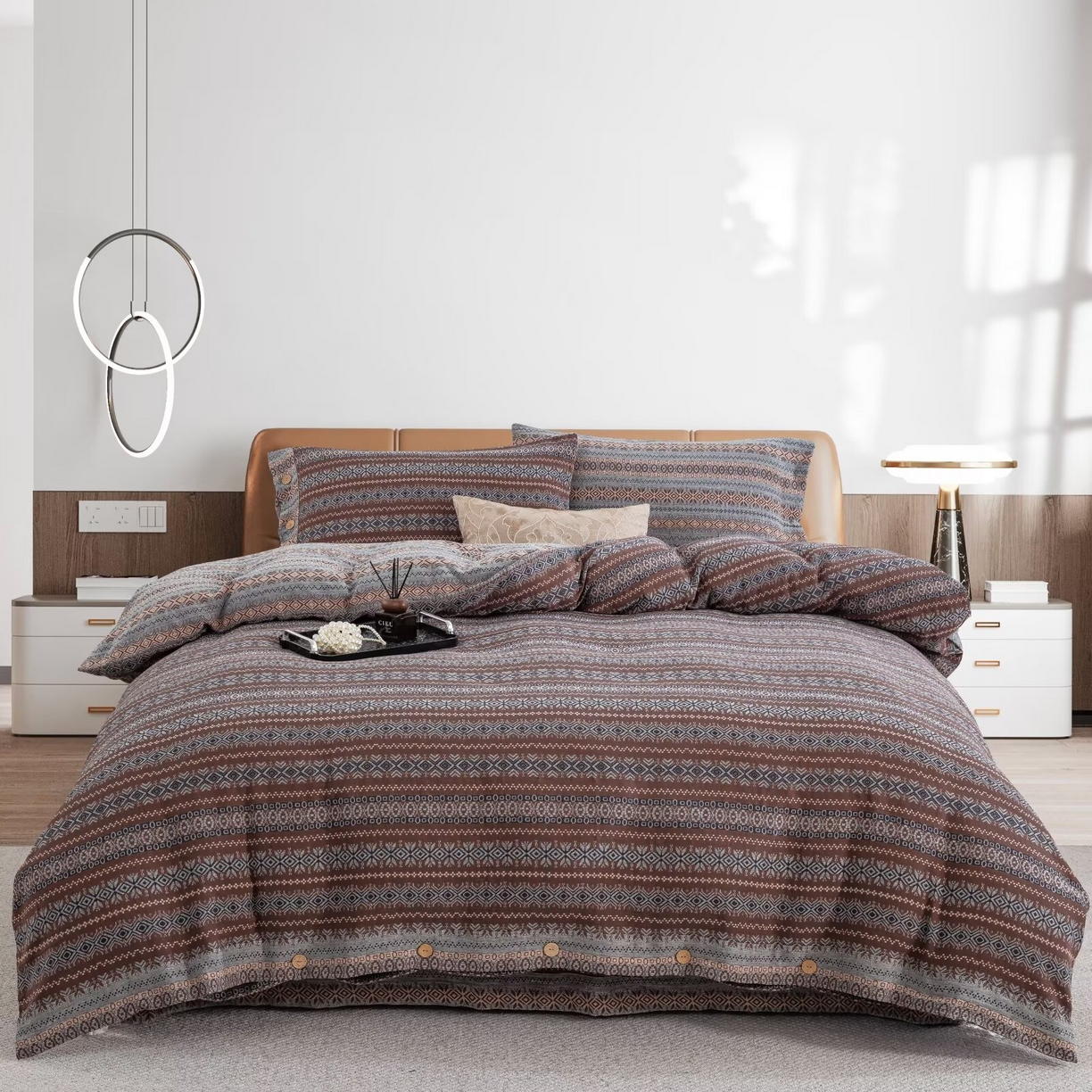 91家纺网 家纺一手货源 找家纺 双层纱家居 2025新款全棉纯棉色织提花双层纱四件套 波西米亚-纽扣款