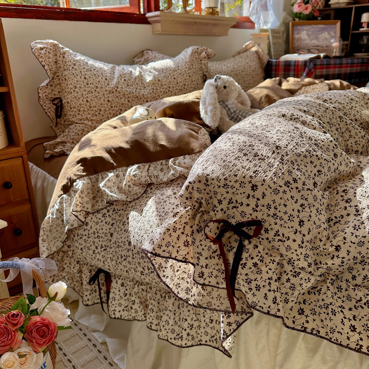 91家纺网 家纺一手货源 找家纺 （总）阿曼达 2026新款日韩系复古印花小碎花花边蝴蝶结系列四件套