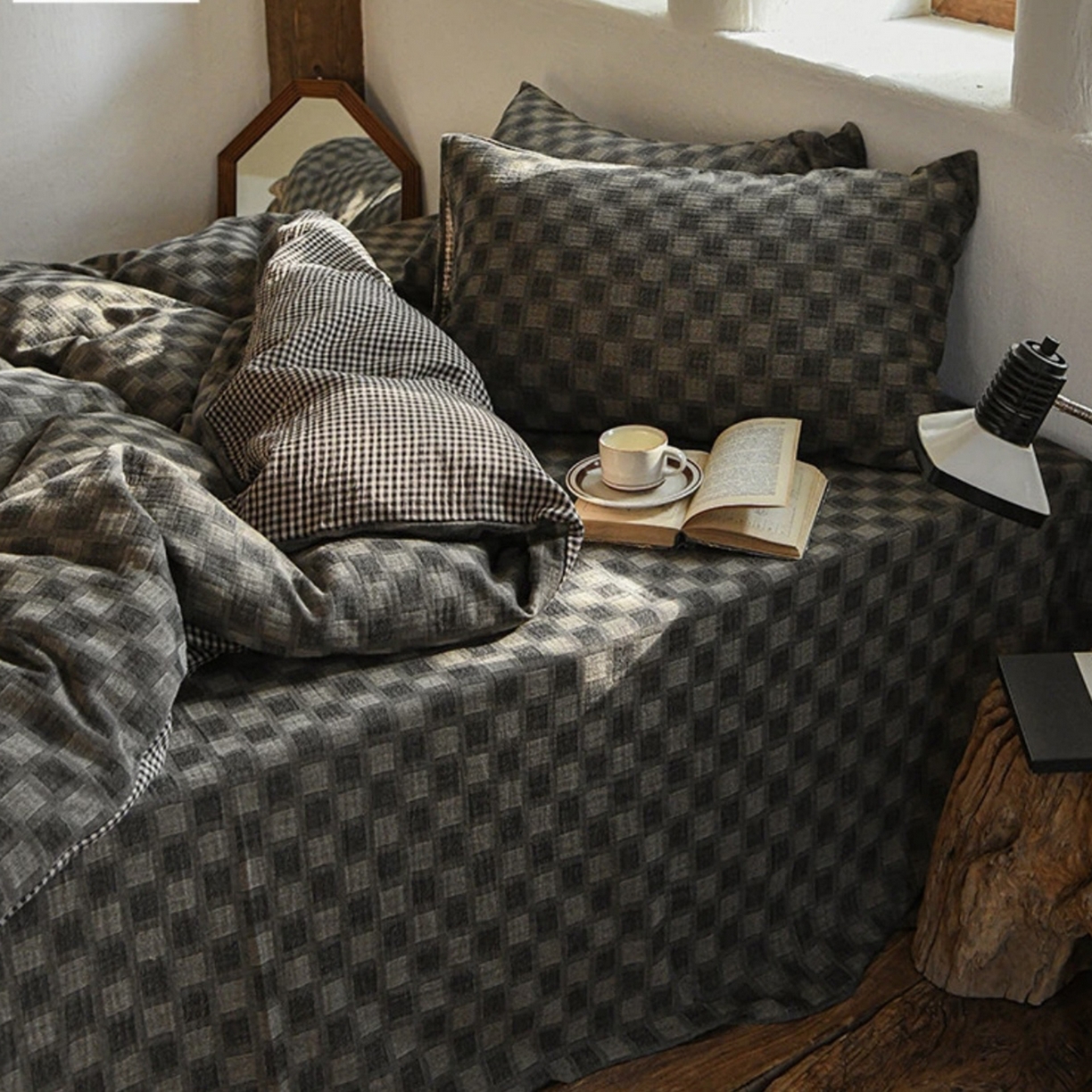 91家纺网 家纺一手货源 找家纺 双层纱家居 2025新款全棉纯棉色织双层纱四件套 时光织梦-深灰色