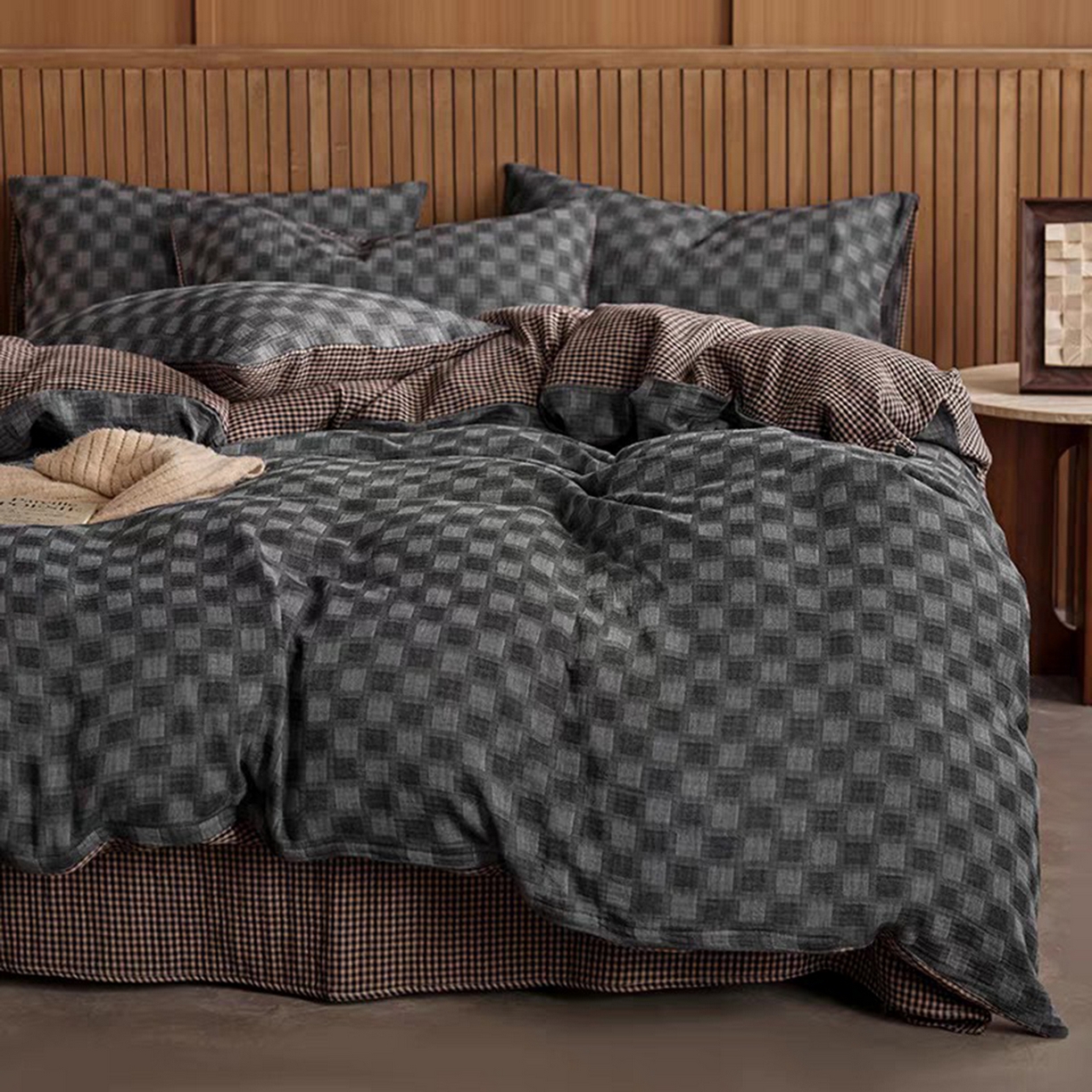 双层纱家居 2025新款全棉纯棉色织双层纱四件套 时光织梦-深灰色