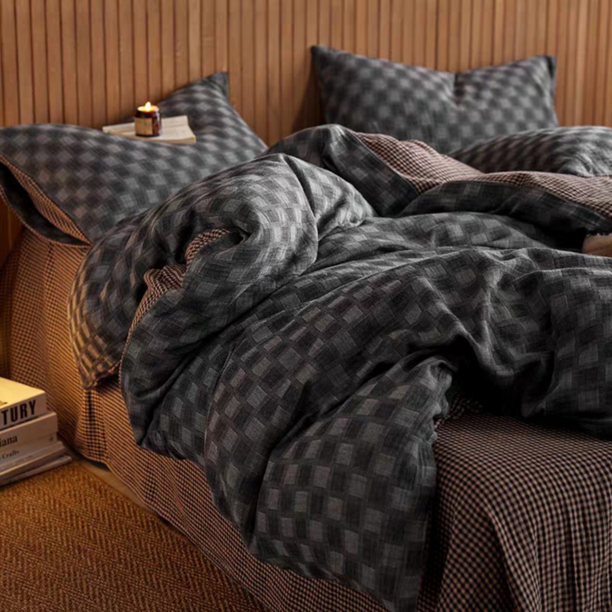 91家纺网 家纺一手货源 找家纺 双层纱家居 2025新款全棉纯棉色织双层纱四件套 时光织梦-深灰色