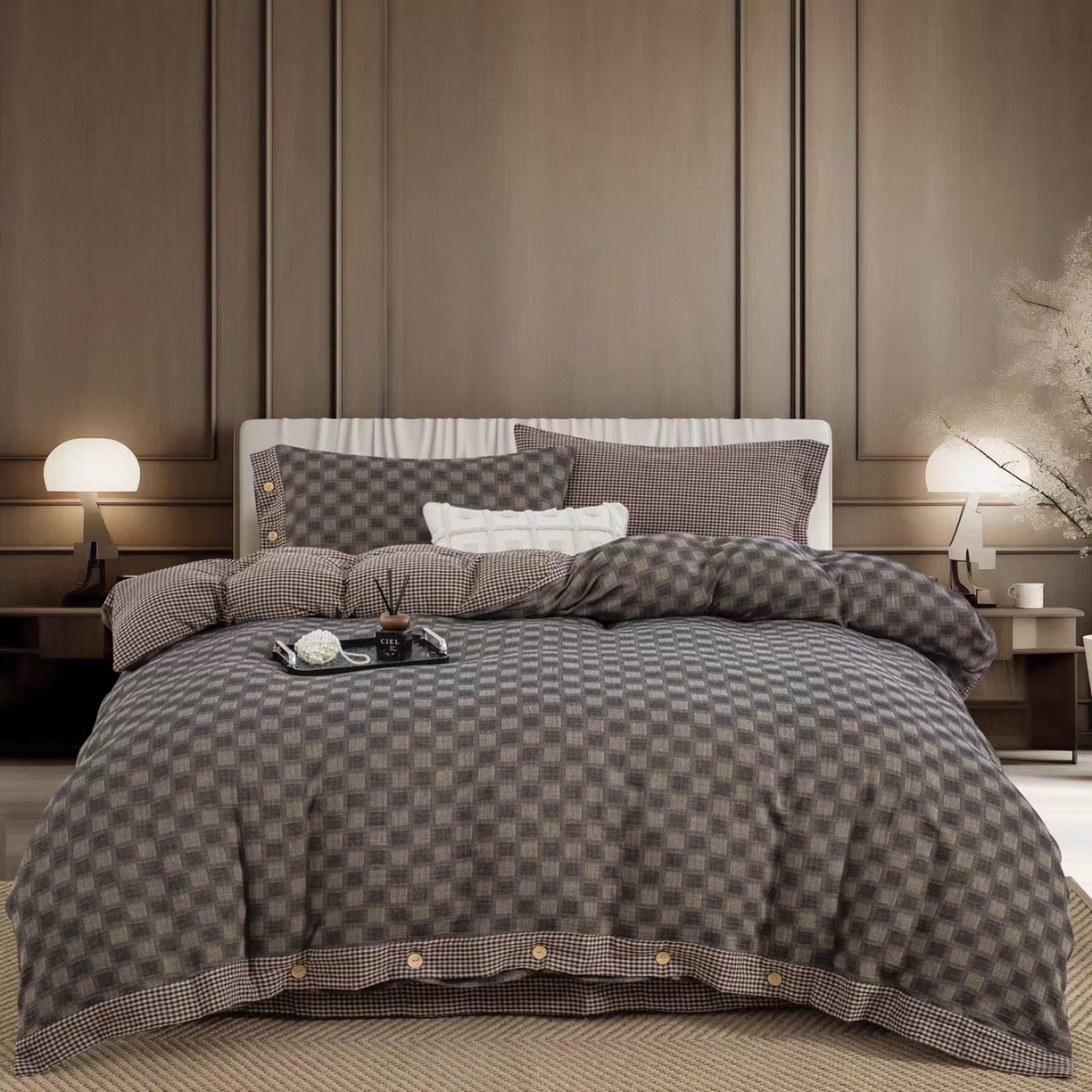 91家纺网 家纺一手货源 找家纺 双层纱家居 2025新款全棉纯棉色织双层纱四件套 时光织梦-灰色纽扣款