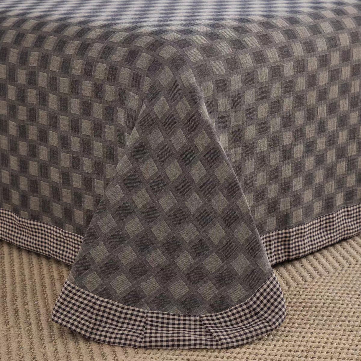 91家纺网 家纺一手货源 找家纺 双层纱家居 2025新款全棉纯棉色织双层纱四件套 时光织梦-灰色纽扣款