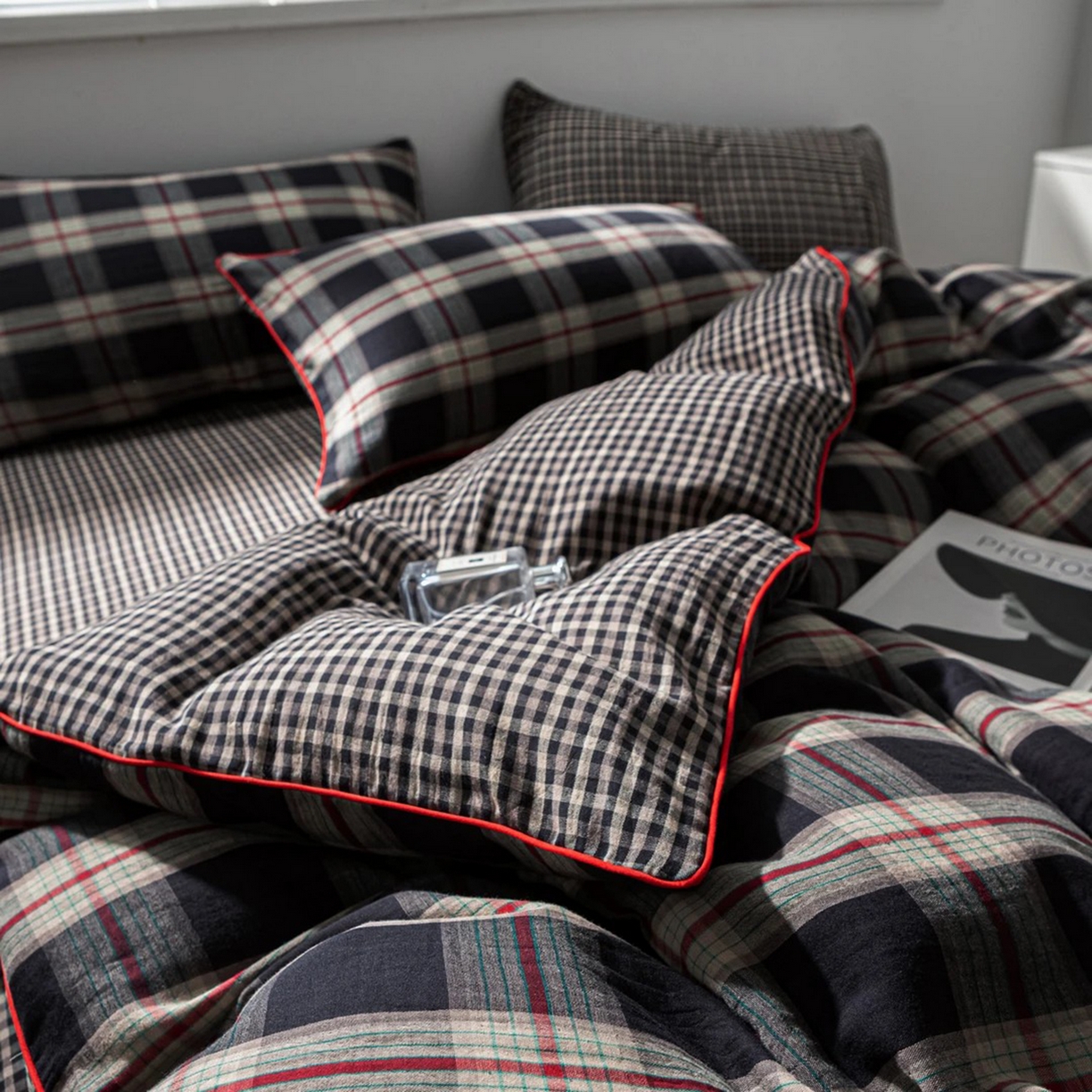 91家纺网 家纺一手货源 找家纺 （总）双层纱家居 2025新款格缦全棉纯棉色织双层纱系列四件套