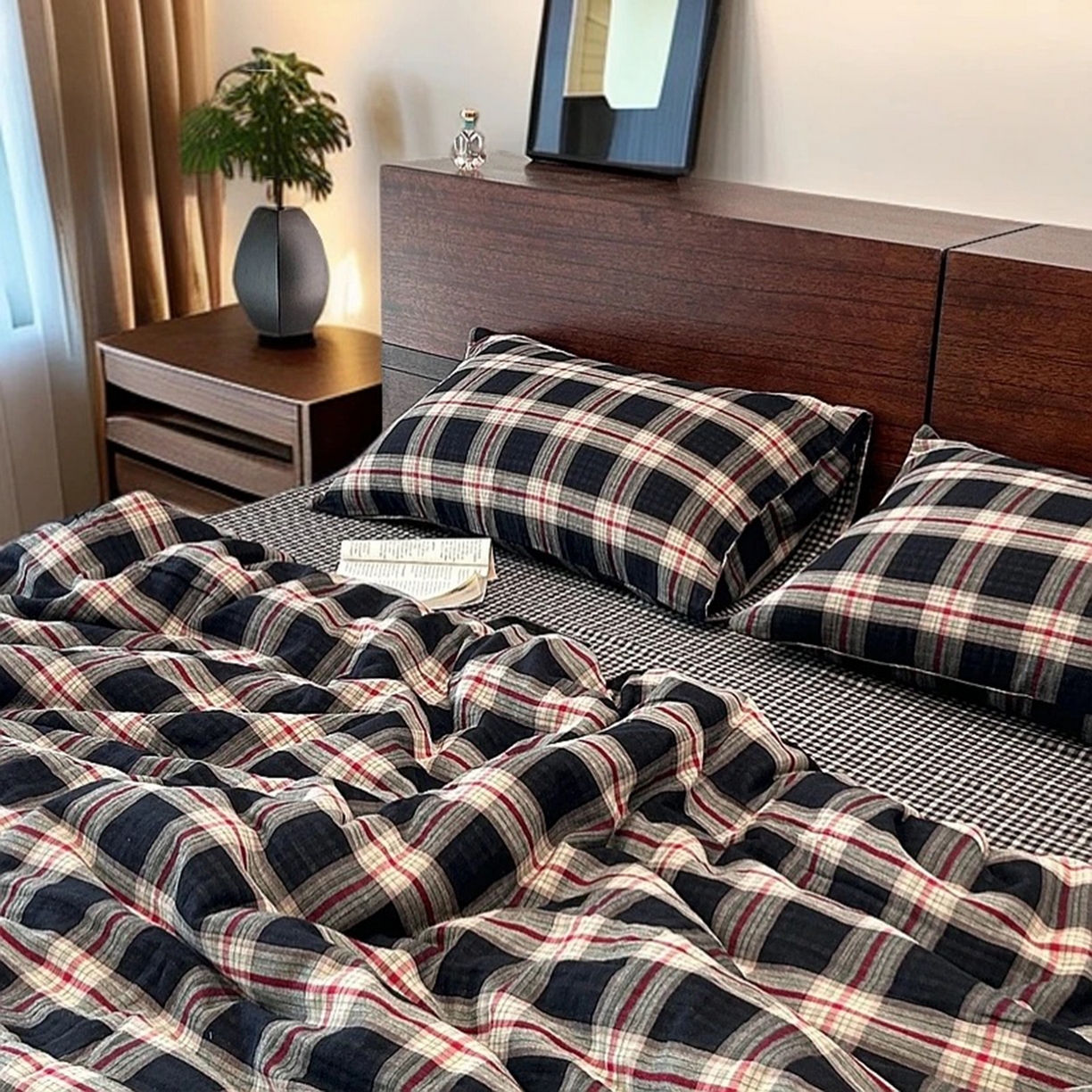 双层纱家居 2025新款格缦全棉纯棉色织双层纱系列四件套 墨染朱华