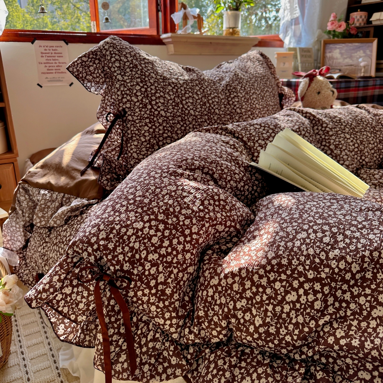 阿曼达 2026新款日韩系复古印花小碎花花边蝴蝶结系列四件套 复古蝴蝶结-旧梦花-咖