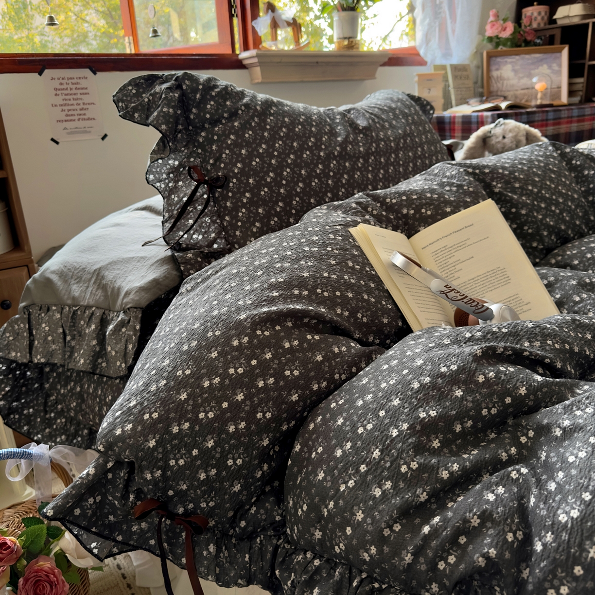 阿曼达 2026新款日韩系复古印花小碎花花边蝴蝶结系列四件套 复古蝴蝶结-松月间-灰