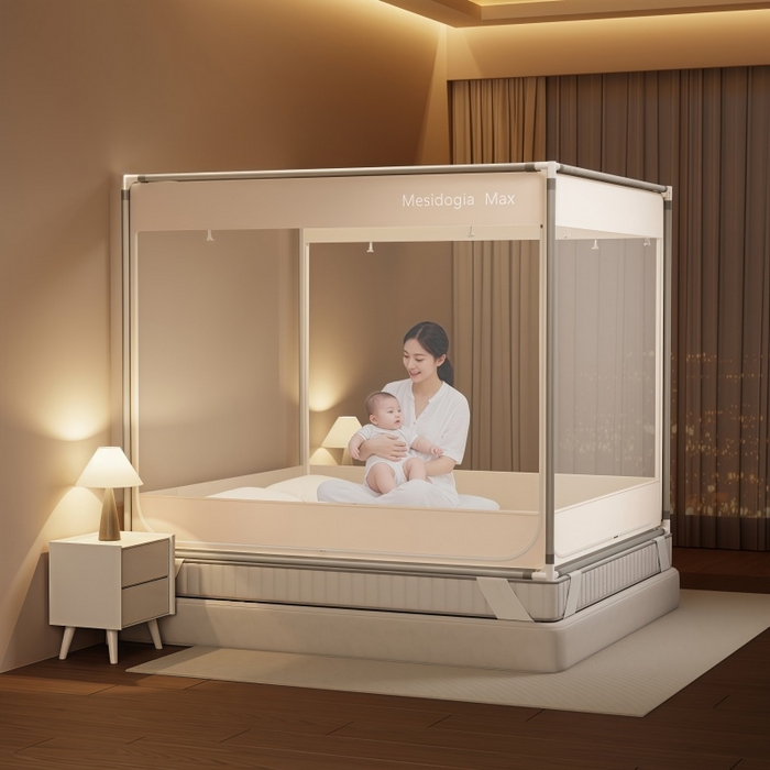 91家纺网 家纺一手货源 找家纺 友承家纺 2026新款方顶坐床蚊帐防摔蚊帐家用卧室免安装儿童婴儿防止掉床罩 米色