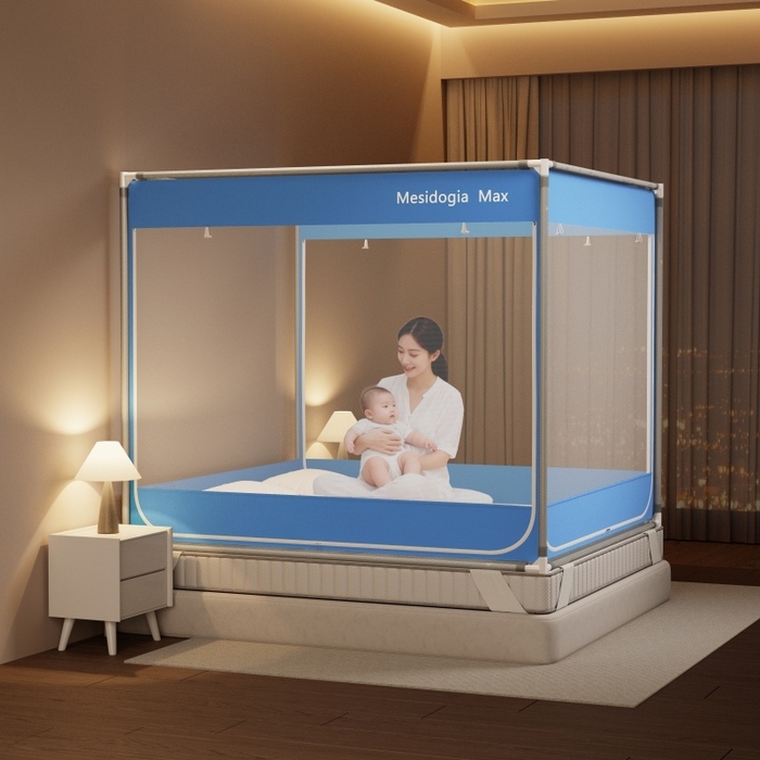 91家纺网 家纺一手货源 找家纺 友承家纺 2026新款方顶坐床蚊帐防摔蚊帐家用卧室免安装儿童婴儿防止掉床罩 蓝色