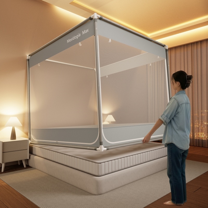 91家纺网 家纺一手货源 找家纺 友承家纺 2026新款方顶坐床蚊帐防摔蚊帐家用卧室免安装儿童婴儿防止掉床罩 灰色