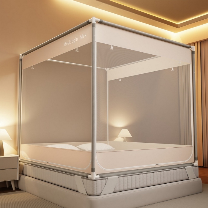 91家纺网 家纺一手货源 找家纺 友承家纺 2026新款方顶坐床蚊帐防摔蚊帐家用卧室免安装儿童婴儿防止掉床罩 米色