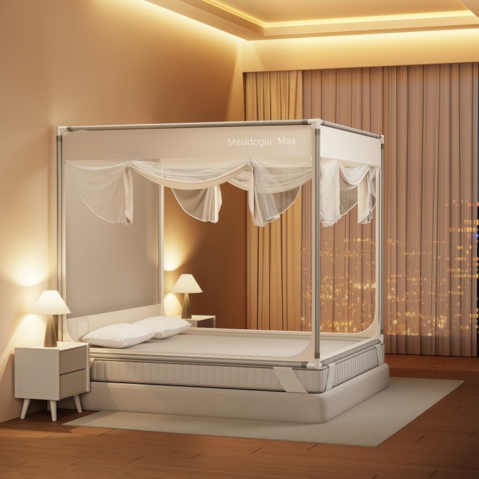 91家纺网 家纺一手货源 找家纺 友承家纺 2026新款方顶坐床蚊帐防摔蚊帐家用卧室免安装儿童婴儿防止掉床罩 米色