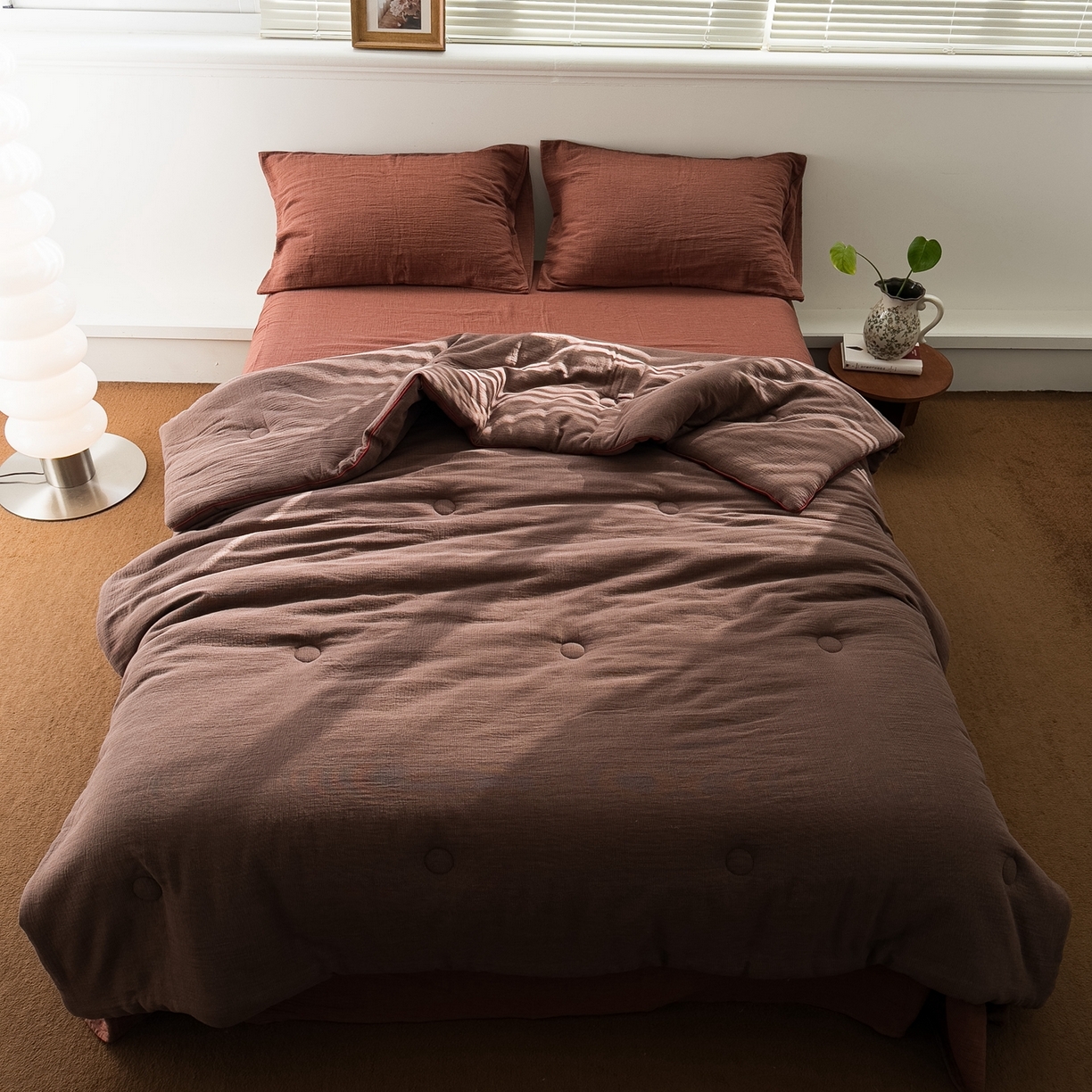 91家纺网 家纺一手货源 找家纺 双层纱家居 2025新款弥山AA版全棉色织提花双层纱春秋被冬被被子被芯 弥山-咖色