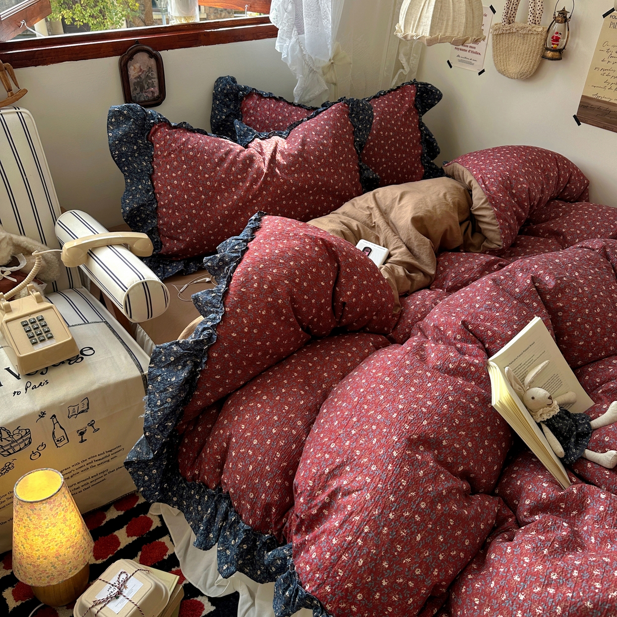 阿曼达 2026新款印花复古森系小碎花花边款四件套 复古森系-浆果藤-红