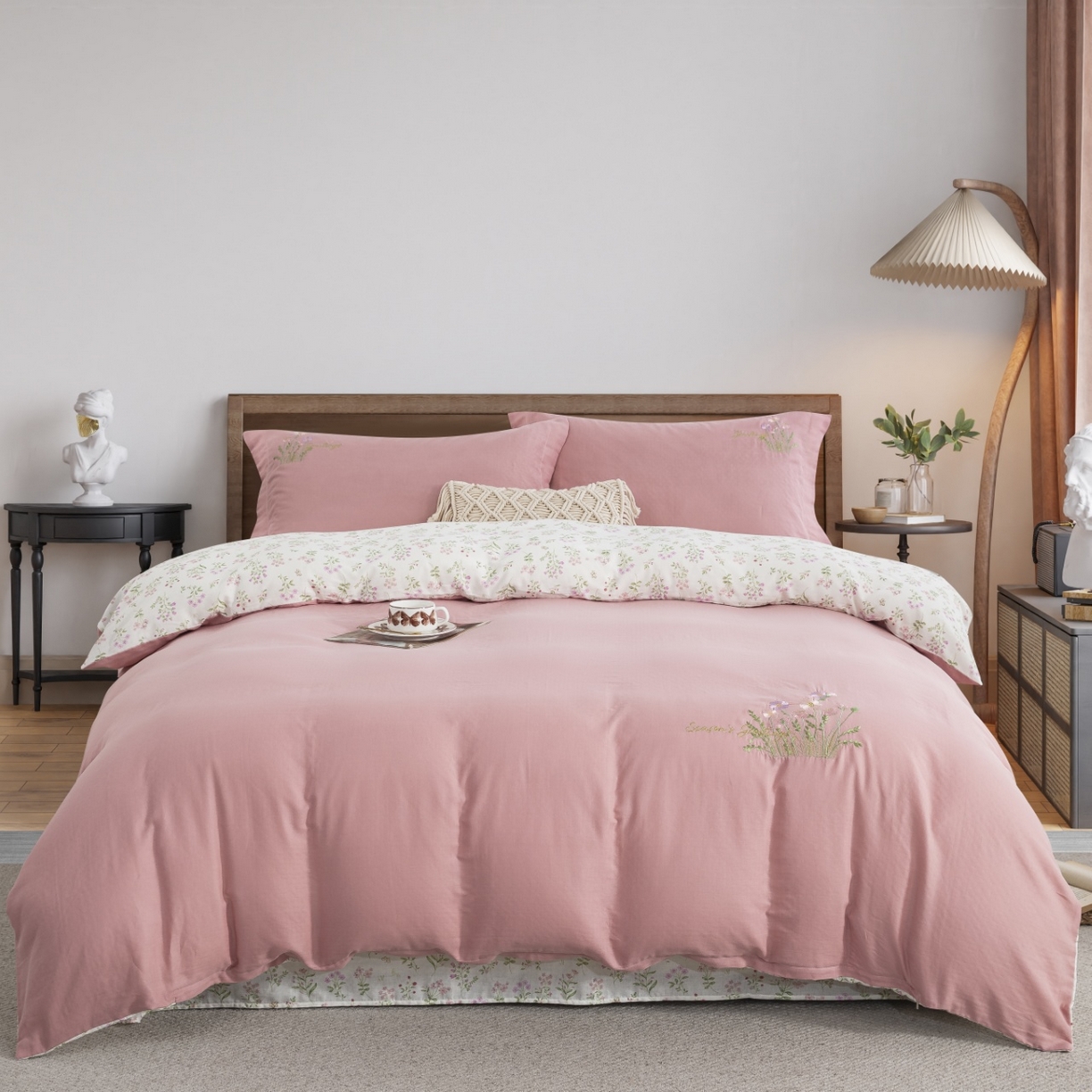 91家纺网 家纺一手货源 找家纺 双层纱家居 2026新款全棉纯棉双层纱绣花绣花四件套初语 初语-贵妃粉