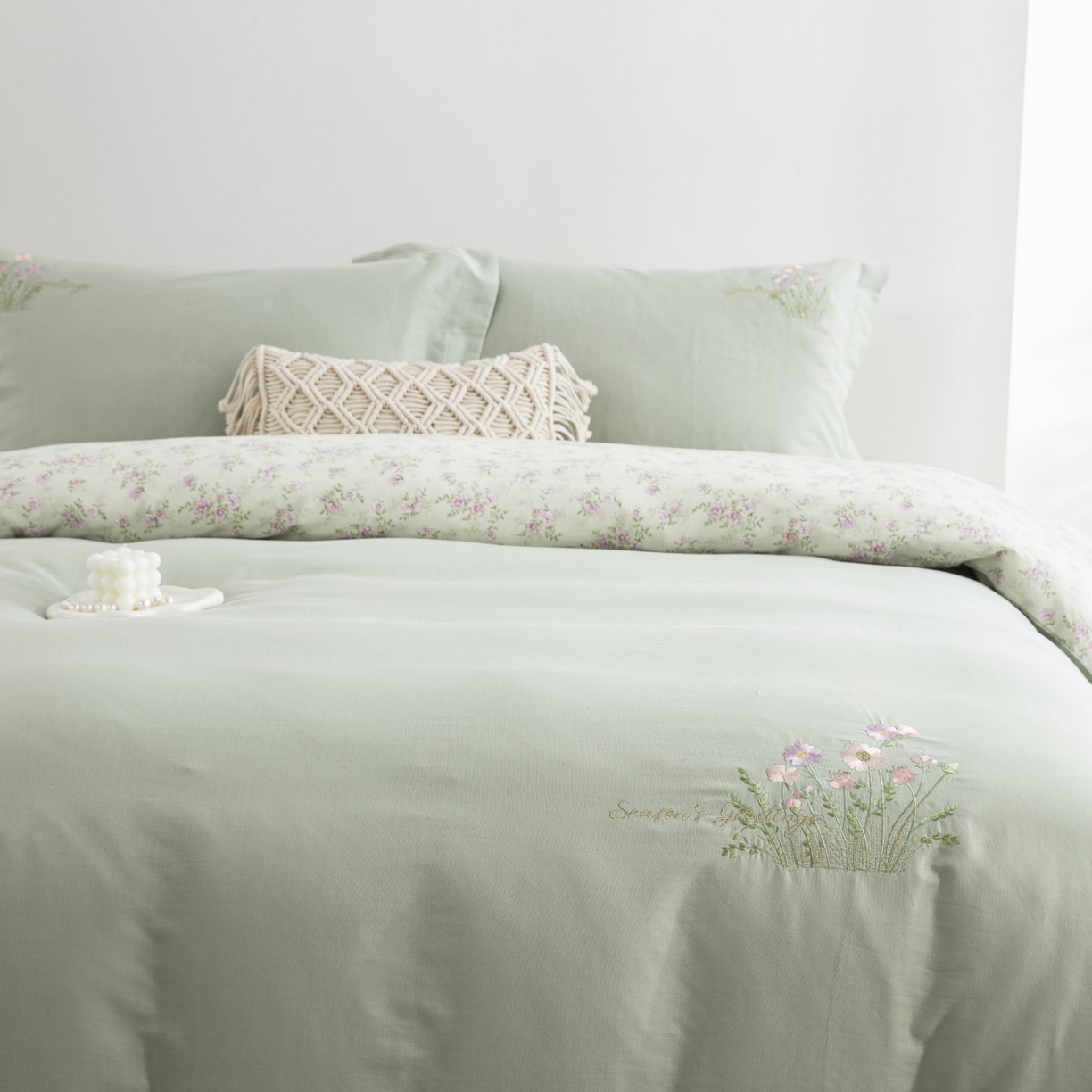 91家纺网 家纺一手货源 找家纺 双层纱家居 2026新款全棉纯棉双层纱绣花绣花四件套初语 初语-薄荷绿