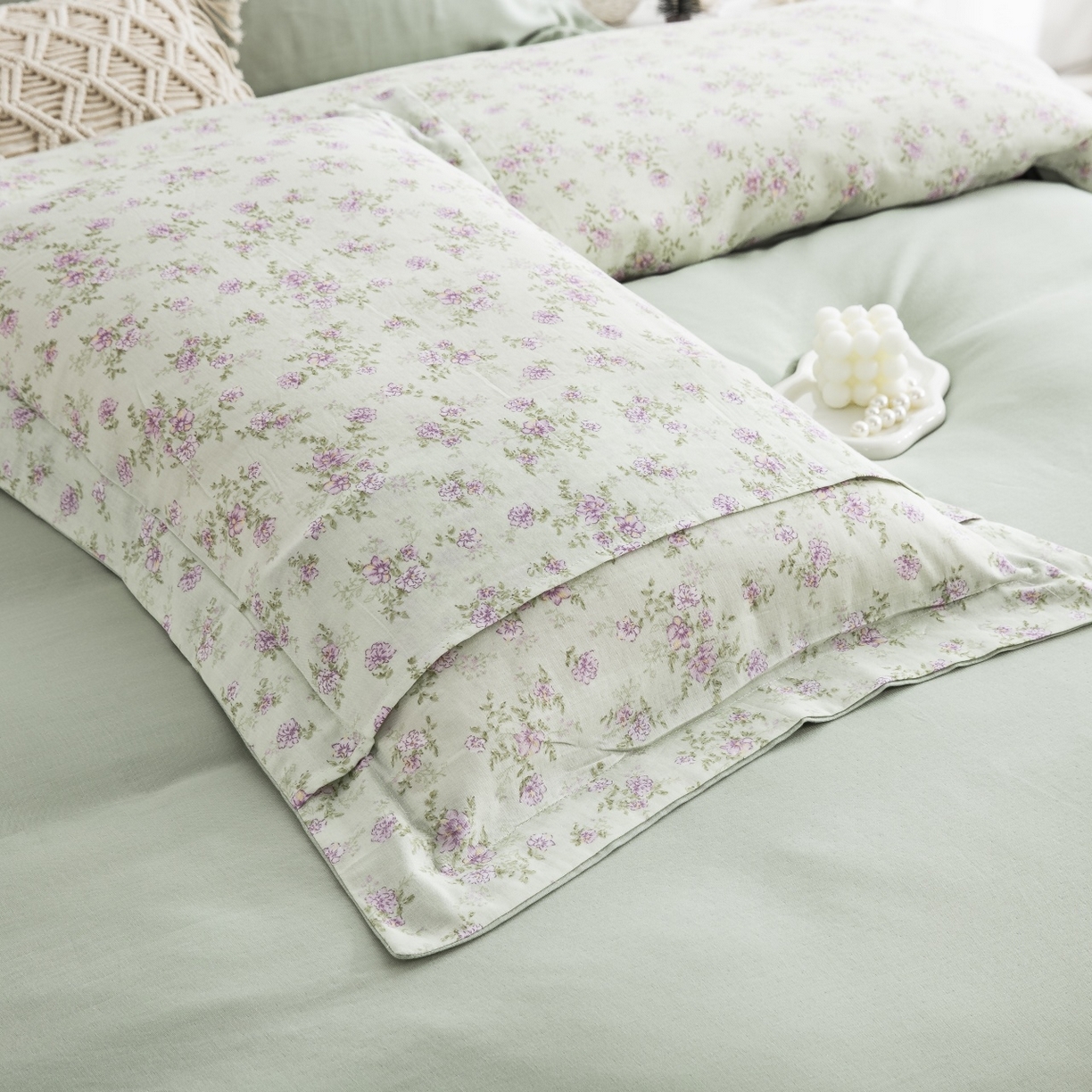 91家纺网 家纺一手货源 找家纺 双层纱家居 2026新款全棉纯棉双层纱绣花绣花四件套初语 初语-薄荷绿