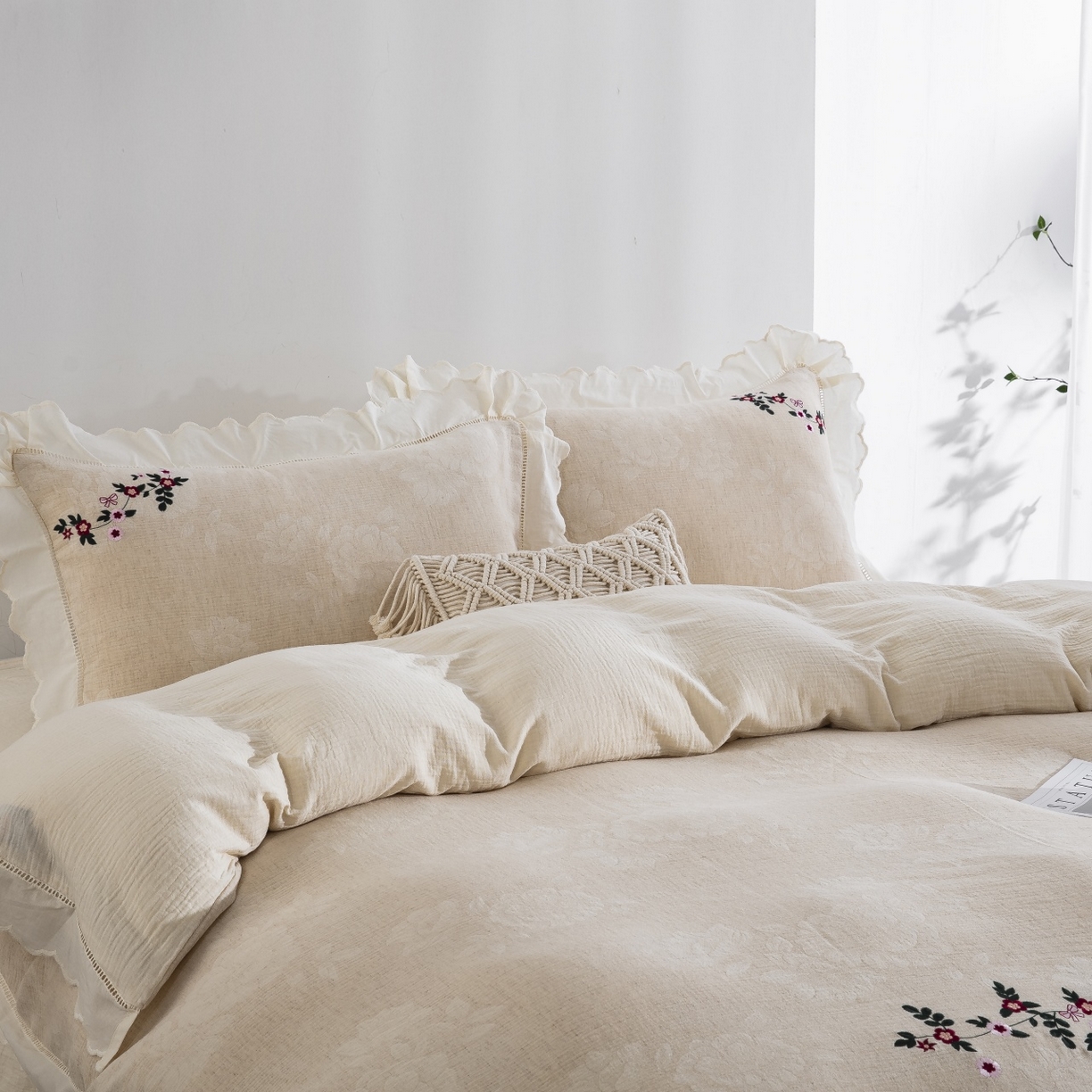 91家纺网 家纺一手货源 找家纺 （总）双层纱家居 2026新款浣溪沙棉麻刺绣花边款四件套