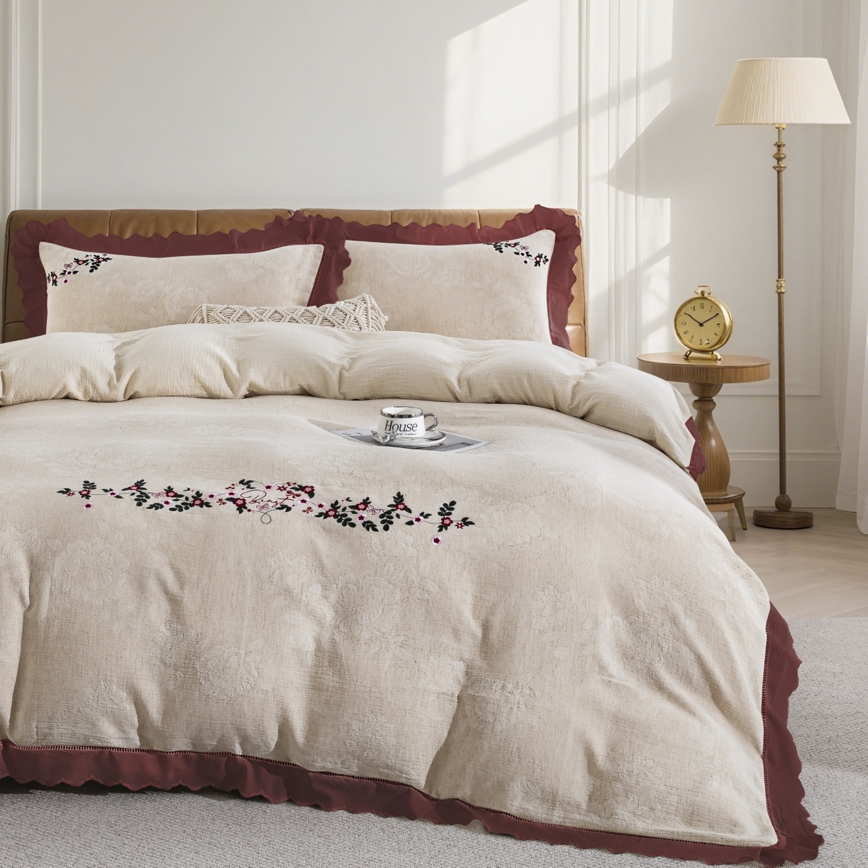 91家纺网 家纺一手货源 找家纺 （总）双层纱家居 2026新款浣溪沙棉麻刺绣花边款四件套