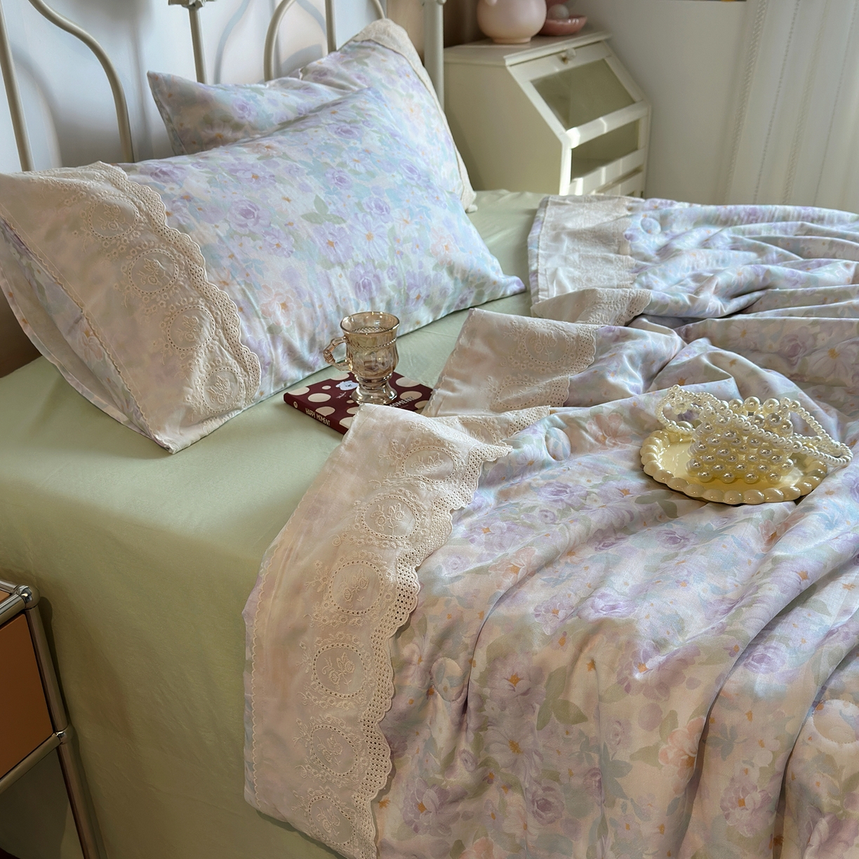 91家纺网 家纺一手货源 找家纺 （总）绫韵家纺 2026夏季新品A类全棉双层纱法式大花边夏被四件套