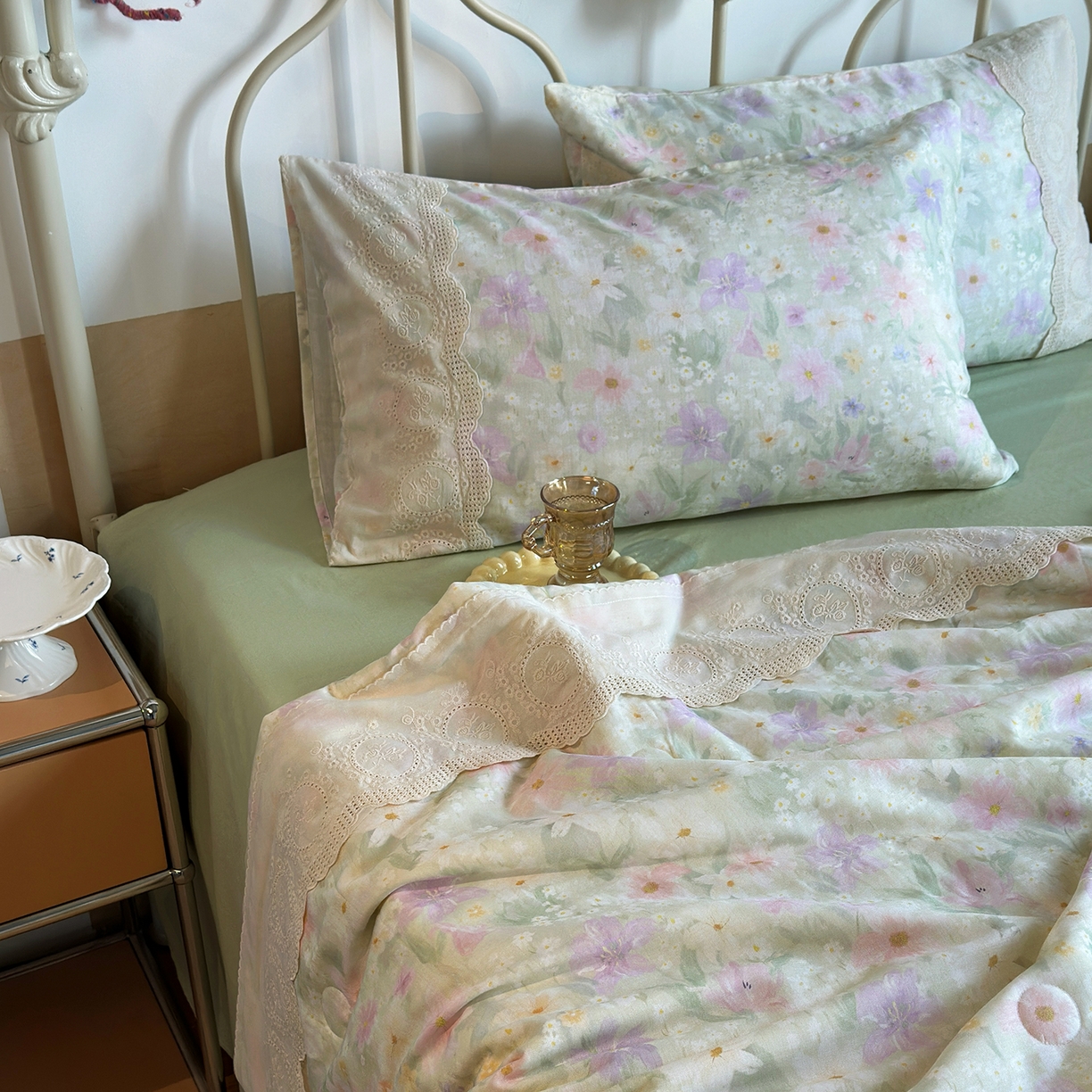 91家纺网 家纺一手货源 找家纺 （总）绫韵家纺 2026夏季新品A类全棉双层纱法式大花边夏被四件套