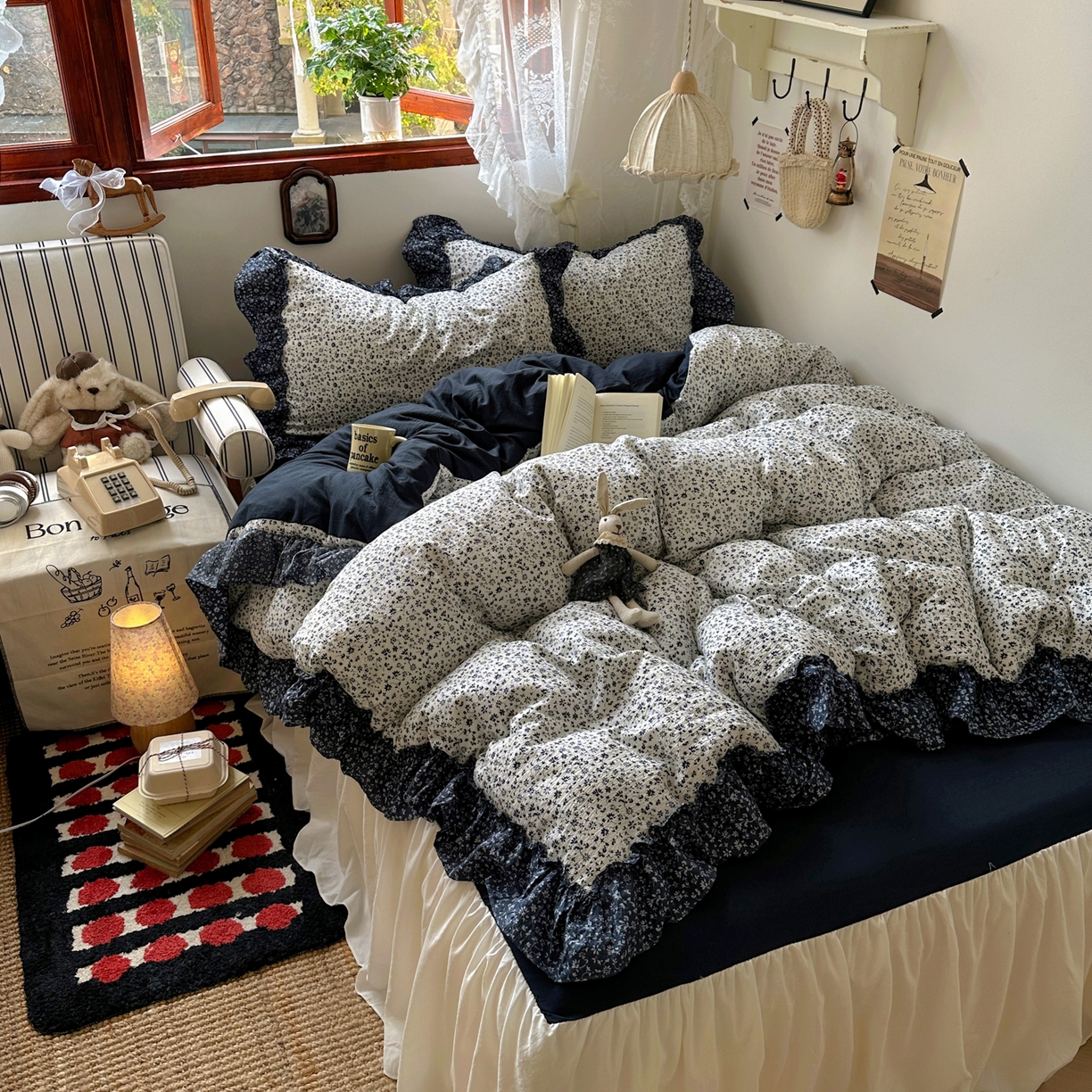 91家纺网 家纺一手货源 找家纺 阿曼达 2026新款印花复古森系小碎花花边款四件套 复古森系-林间序-奶白