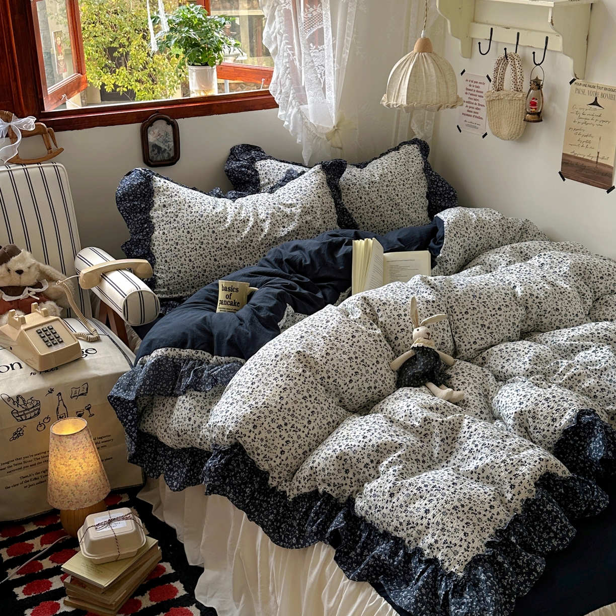 91家纺网 家纺一手货源 找家纺 阿曼达 2026新款印花复古森系小碎花花边款四件套 复古森系-林间序-奶白