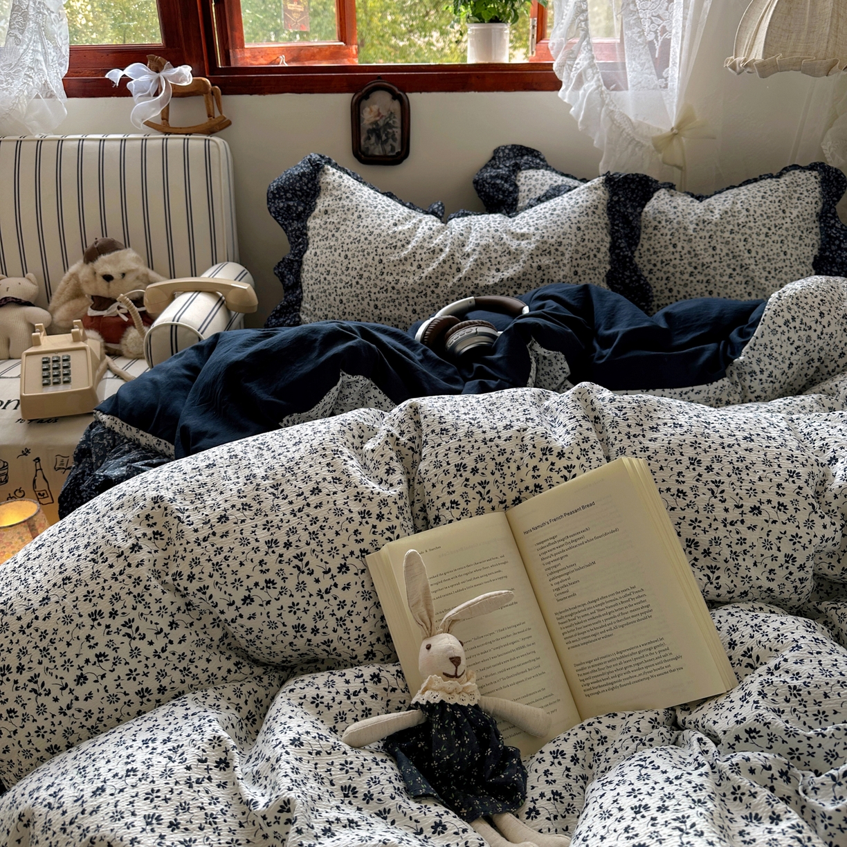 91家纺网 家纺一手货源 找家纺 阿曼达 2026新款印花复古森系小碎花花边款四件套 复古森系-林间序-奶白