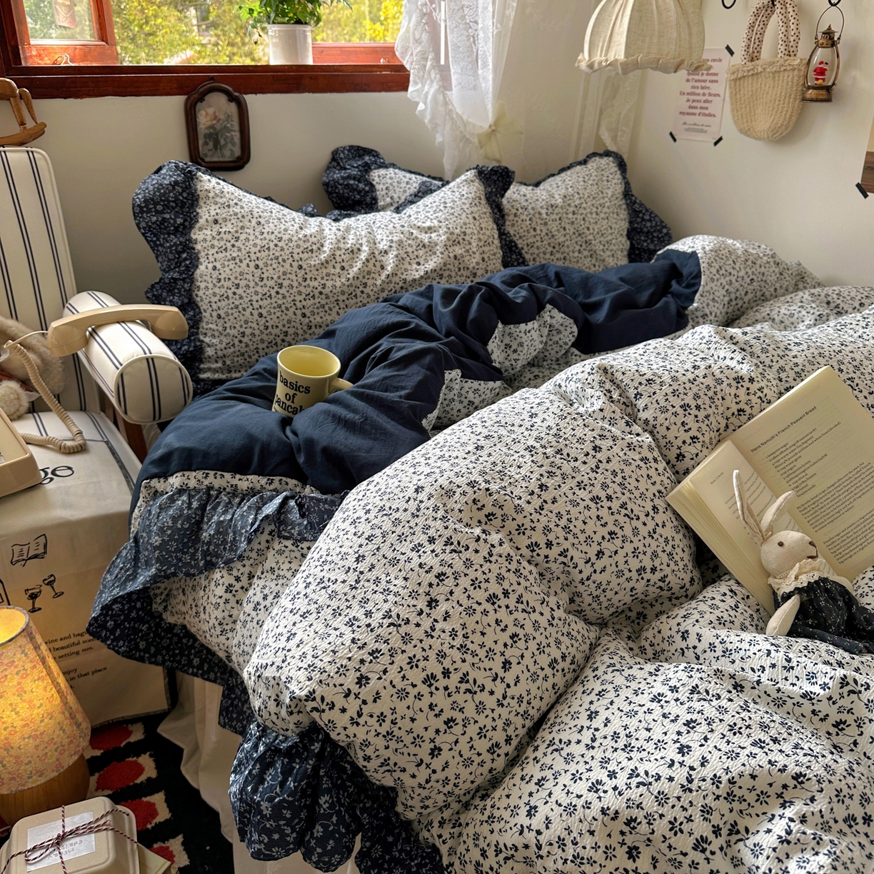 91家纺网 家纺一手货源 找家纺 阿曼达 2026新款印花复古森系小碎花花边款四件套 复古森系-林间序-奶白