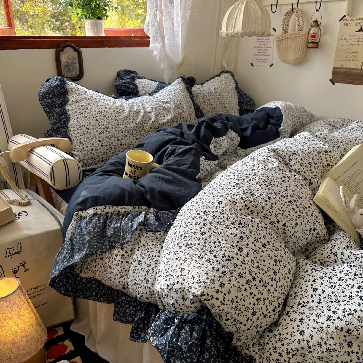 91家纺网 家纺一手货源 找家纺 阿曼达 2026新款印花复古森系小碎花花边款四件套 复古森系-林间序-奶白